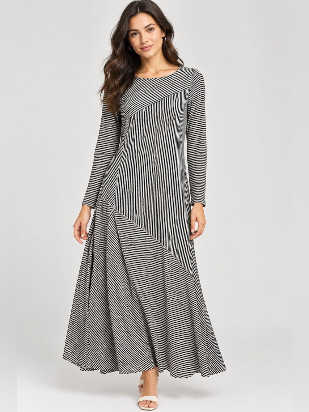 ✨Soft Surroundings Ryley Maxi Dress Ribbed Knit Striped Gray Black Size TM